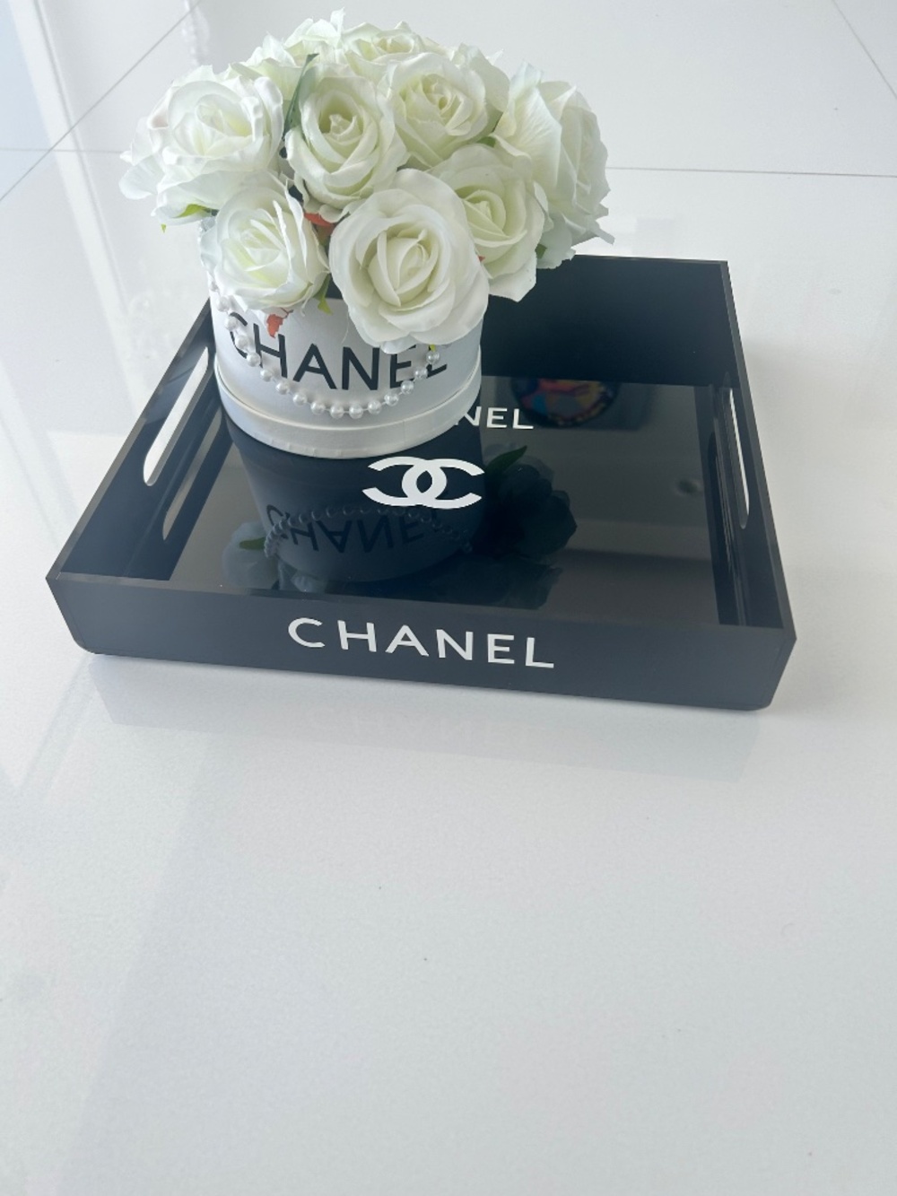 Black Acrylic 12x12x2" tray with white letters - Picture 5 of 7